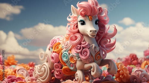 3D illustration of a happy unicorn on a rocking horse, with a very colorful mane. Concept of happiness, recklessness. 3D render character cartoon style Isolated on transparent background photo