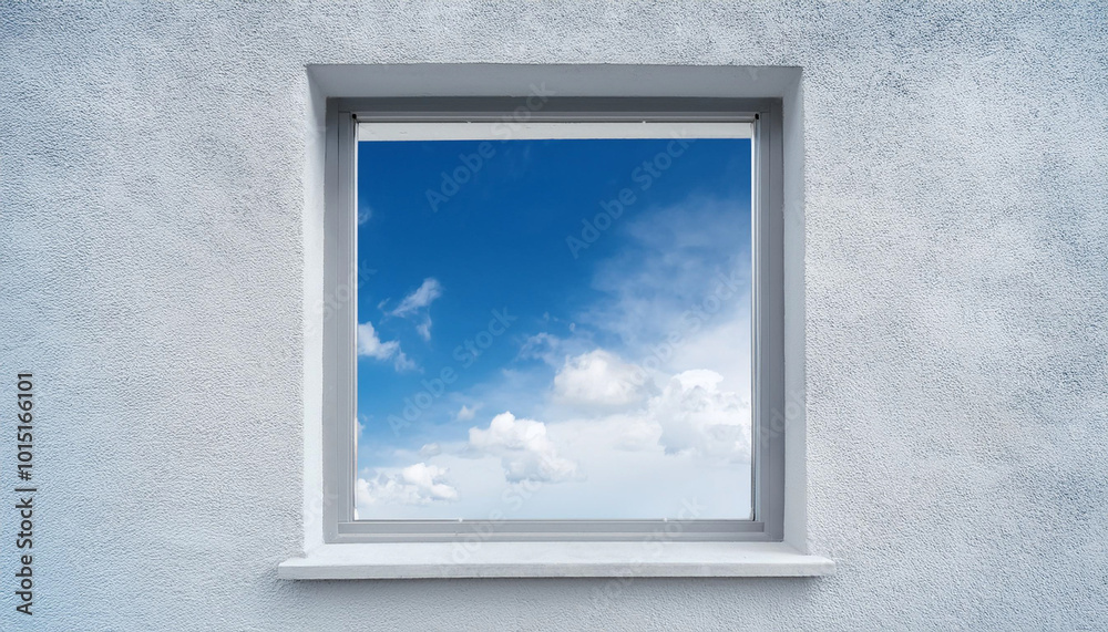 Wall texture of concrete with open window against blue sky and clouds, A part of White cement building, Anyt view Modern architecture. with summer sky, Minimalistic design Wall texture of concrete with open window against blue sky and clouds, A part of White cement building, Anyt view Modern architecture. with summer sky, Minimalistic design