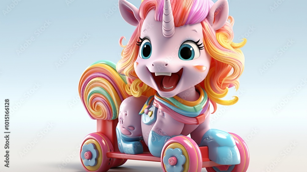 3D illustration of a happy unicorn on a rocking horse, with a very colorful mane. Concept of happiness, recklessness. 3D render character cartoon style Isolated on transparent background 3D illustration of a happy unicorn on a rocking horse, with a very colorful mane. Concept of happiness, recklessness. 3D render character cartoon style Isolated on transparent background