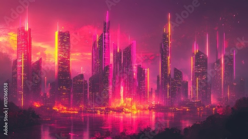 Cyber Cityscape - Futuristic skyline with Pink and Yellow Neon lights