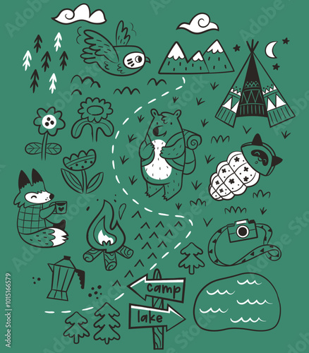 Green graphic map with cartoon animals. Vector illustration