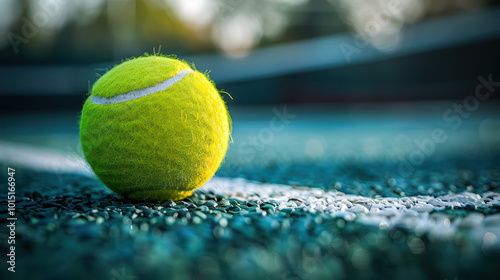 Tennis Ball on the Line: A close-up shot of a yellow tennis ball resting on the line of a green court. The ball is in focus, while the background is blurry, creating a sense of depth and movement.