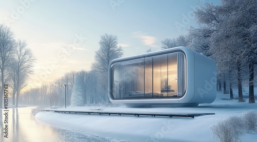 A futuristic home equipped with hydrogen batteries, showcasing clean and efficient energy storage i the winter photo