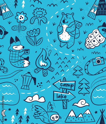 Blue graphic map with cartoon animals. Seamless pattern