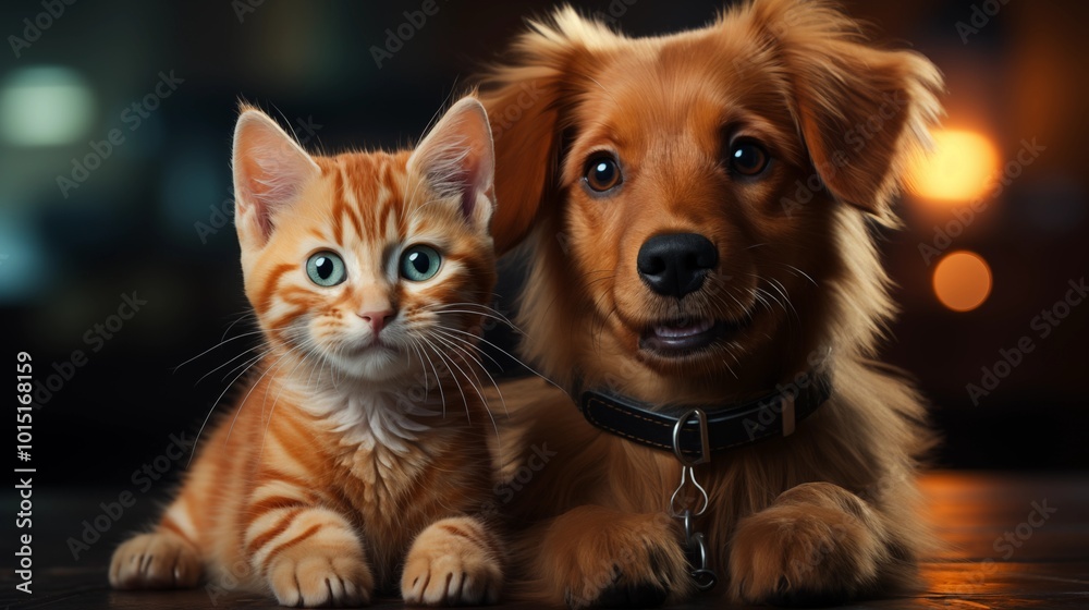 3D rendered orange tabby cat and a golden-brown puppy with a collar, Cute and friendly, both with big expressive eyes 3D rendered orange tabby cat and a golden-brown puppy with a collar, Cute and friendly, both with big expressive eyes