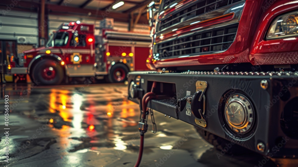 Closeup of a Red Fire Truck's Front Bumper and Tow Hook Closeup of a Red Fire Truck's Front Bumper and Tow Hook