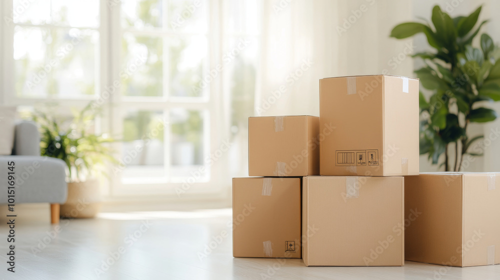 Moving boxes stacked in bright, airy room with natural light streaming through large windows. scene conveys sense of new beginnings and organization