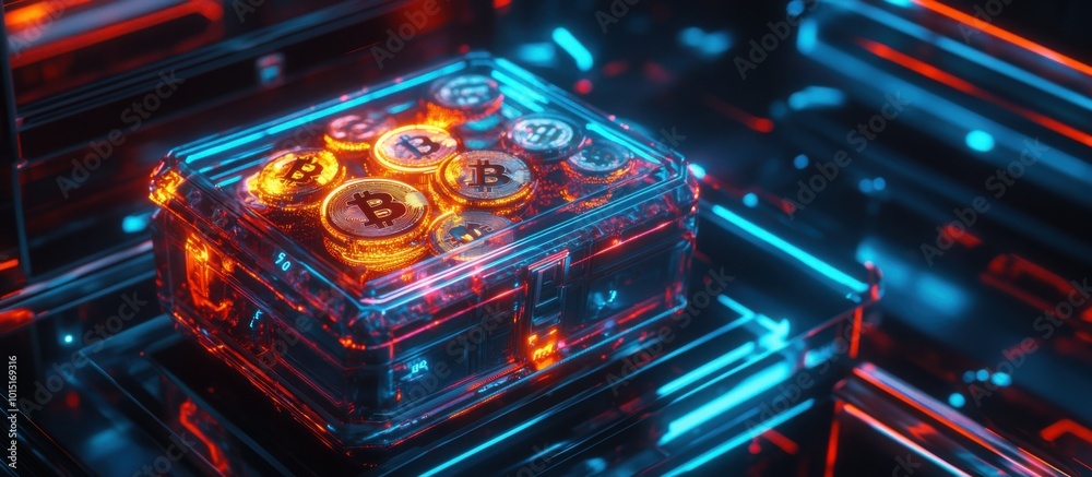 Obraz premium digital treasure chest illuminated with neon lights and futuristic designs.