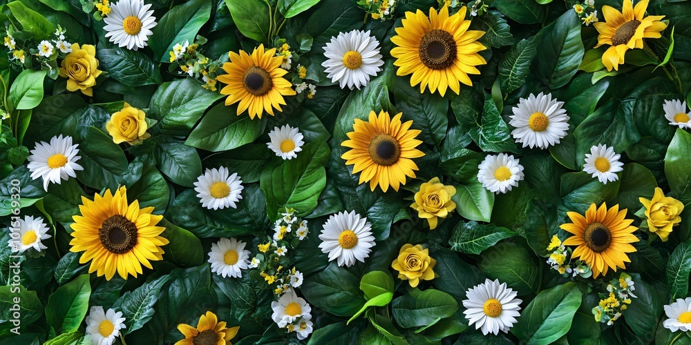 A vibrant mix of sunflowers, daisies, and roses create a beautiful summery floral pattern. A vibrant mix of sunflowers, daisies, and roses create a beautiful summery floral pattern.