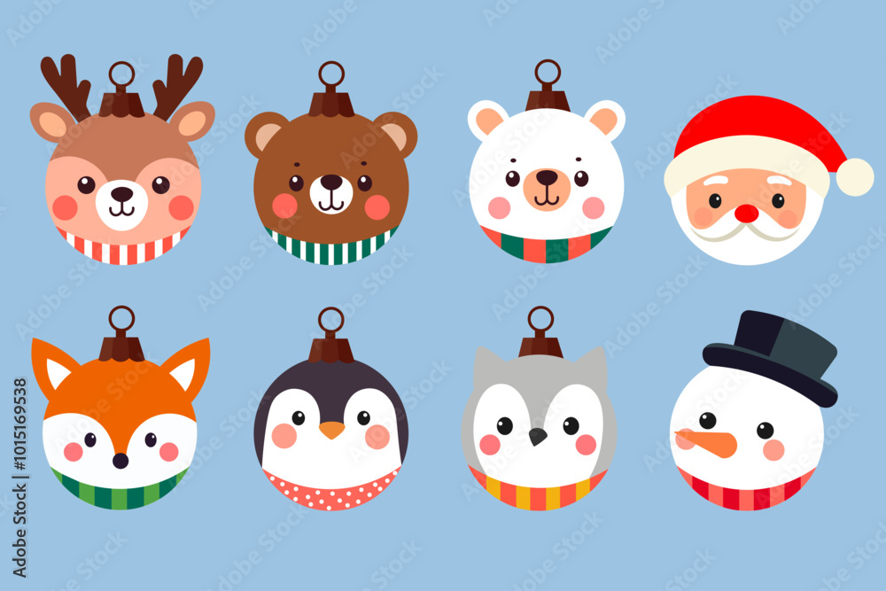 Cute characters Christmas baubles set as round ornaments, cartoon reindeer, bear, polar bear, Santa Claus, fox, penguin, owl, and snowman, Animals face christmas ball vector illustration Cute characters Christmas baubles set as round ornaments, cartoon reindeer, bear, polar bear, Santa Claus, fox, penguin, owl, and snowman, Animals face christmas ball vector illustration