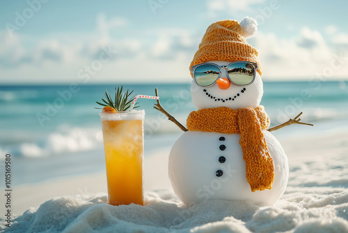 Snowman with a cocktail in hands standing on a seashore beach background with copy space.