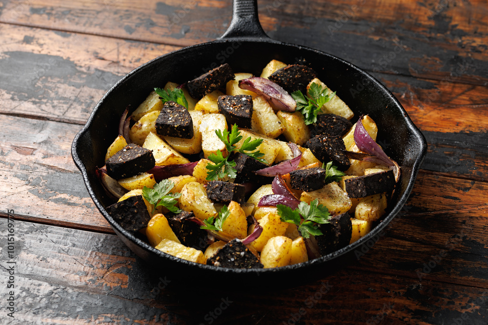 Black pudding or blood sausage warm salad with vegetables Black pudding or blood sausage warm salad with vegetables