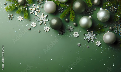 Stilvolle und Elegante Weihnachtsdekoration mit grünen und weißen Kugeln Kugeln, Zimtsternen und Geschenkbox - ideal für festliche Karten und Poster, copy space