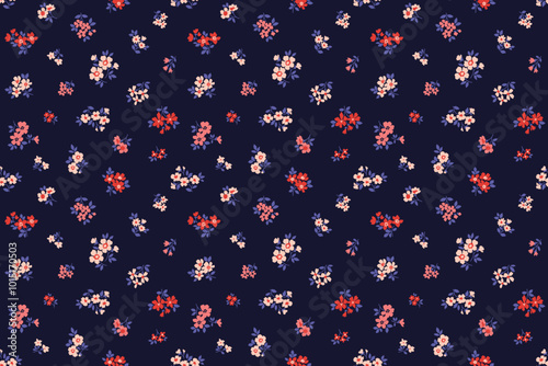 Vector seamless pattern. Pretty pattern in small flowers. Small white and red flowers. Bright dark blue background. Ditsy floral background. Vintage template for fashion prints. Stock vector.
