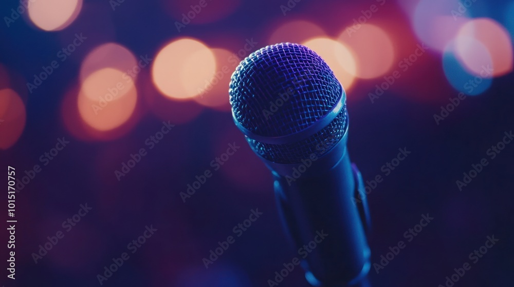 A close-up shot of a microphone with a blurry background of colorful lights. A close-up shot of a microphone with a blurry background of colorful lights.