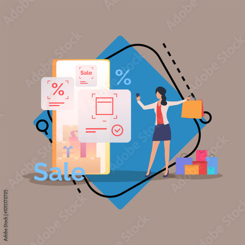 Woman using smartphone for shopping vector illustration. Female character holding shopping bags, huge mobile phone with special offers. Online shopping, sale,  technologies concept for banner design