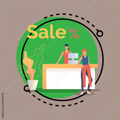 Woman trying on new trousers in fashion outlet vector illustration. Female character standing near counter in store, buying clothes on sale. Shopping, sale, special offer concept for banner design
