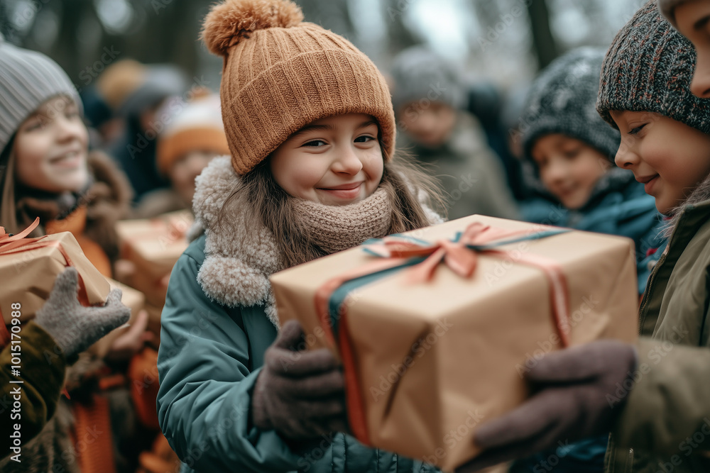 Obraz premium Volunteers Distributing Christmas Gifts to Children