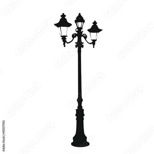 A black silhouette of a vintage street lamp with two light fixtures 