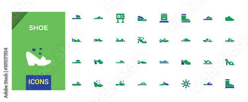 Shoes fashion relatate solid colorfull icon set. Duotone color. sport shoe, boots, shoe, flip flops, boot, high heels, color icon collection, shoes, Editable and pixel perfect symbol pack.