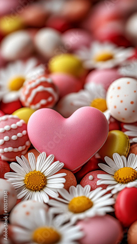 Pink Heart Love Confections: A delicate pink heart rests amidst a vibrant array of colorful candies and delicate daisies, creating a sweet and romantic visual. This image evokes feelings of love.