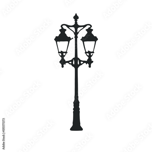 A black silhouette of a vintage street lamp with two light fixtures 
