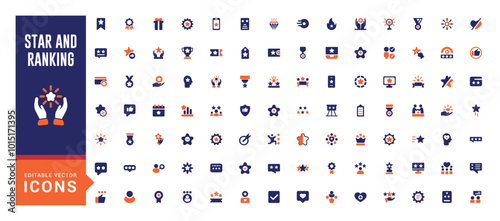 star and Ranking Related Solid colorfull Icons collection. Ranking icon set, Relatate to reward, championship, Prize, Tow color icon set, Editable and pixel perfect.