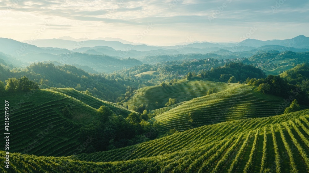 Rolling green hills with vineyards under a blue sky with clouds.