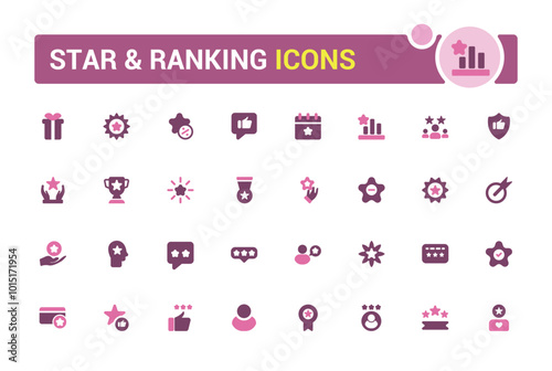 Star & ranking Related solid colorfull icons set, such web symbol as Star Rating, First Place, Shoulder Strap and more. Two color filled icon collection, Editable and pixel perfect sign pack.