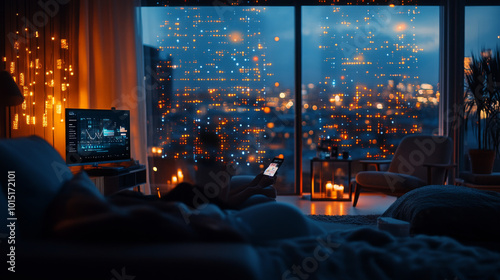 A cozy evening scene featuring person relaxing on sofa while using smartphone, with stunning city skyline illuminated by lights in background. warm ambiance is enhanced by candles and television displ photo