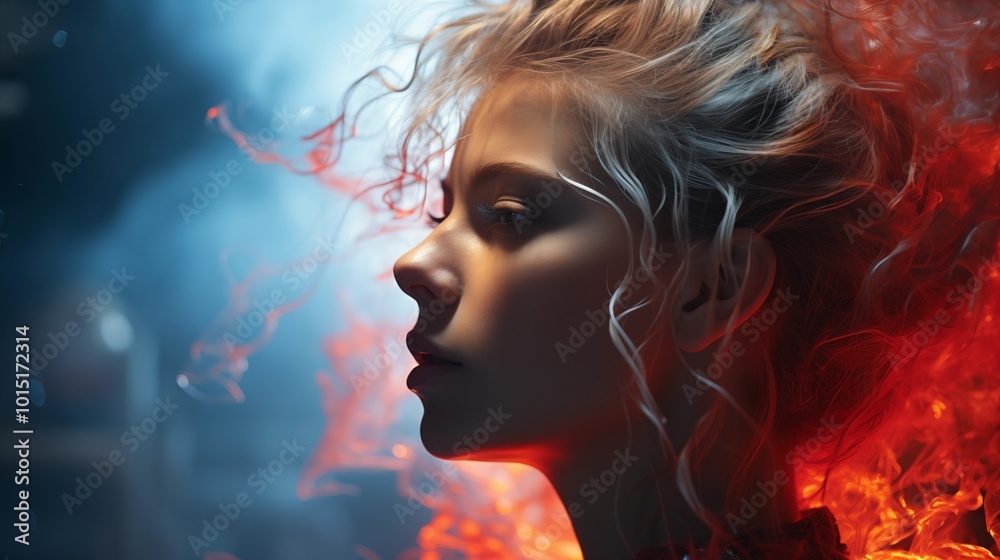 A dual-toned double exposure image capturing the paradoxical nature of a girl, one side serene in cool blue, the other fierce in fiery red. A dual-toned double exposure image capturing the paradoxical nature of a girl, one side serene in cool blue, the other fierce in fiery red.