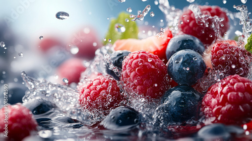 Fresh berries splash in water, creating vibrant scene filled with raspberries and blueberries. dynamic movement and droplets evoke sense of freshness and vitality