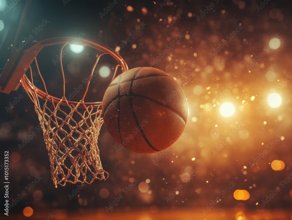 Basketball scoring through hoop, dramatic lighting, dynamic motion, isolated on background Basketball scoring through hoop, dramatic lighting, dynamic motion, isolated on background