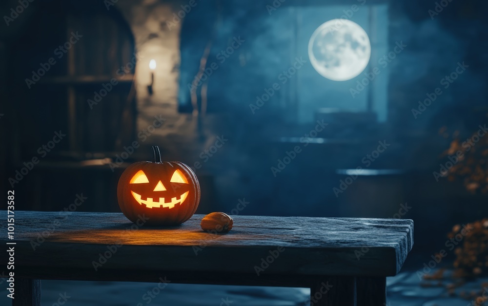 Fototapeta premium Jack O Lantern On Table In Spooky Night - Halloween With Full Moon