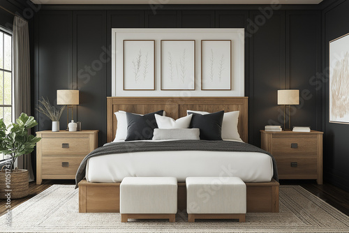 Modern Bedroom with Dark Gray Walls and Farmhouse-Style Decor