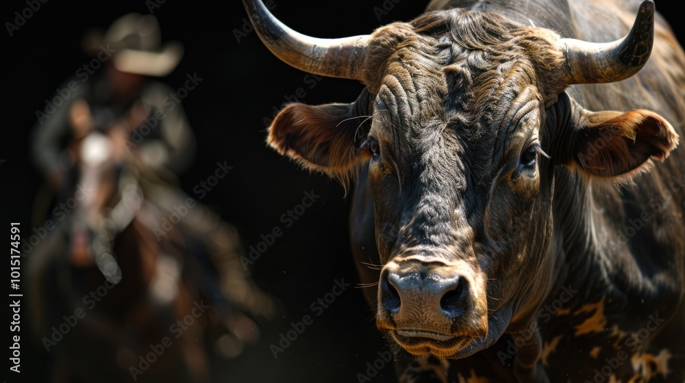 Close-up of a Brown and Black Bull with Horns and Blurred Cowboy in Background Close-up of a Brown and Black Bull with Horns and Blurred Cowboy in Background