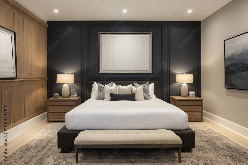 Modern Bedroom with Dark Gray Walls and Farmhouse-Style Decor Modern Bedroom with Dark Gray Walls and Farmhouse-Style Decor