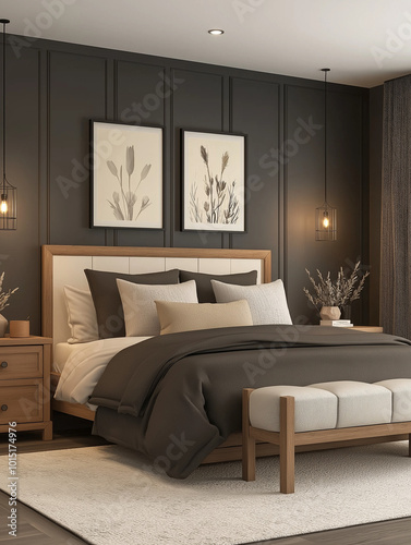 Modern Bedroom with Dark Gray Walls and Farmhouse-Style Decor