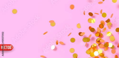 Golden confetti falling on light pink background. Confetti realistic round flat design for banners or party themes. Bright festive tinsel of gold color. Vector illustration