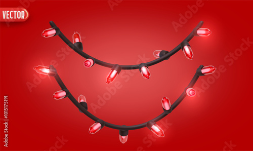 Festive Christmas red string lights brightly glowing. Realistic 3d New Year decorations garland isolated on rich red background. vector illustration