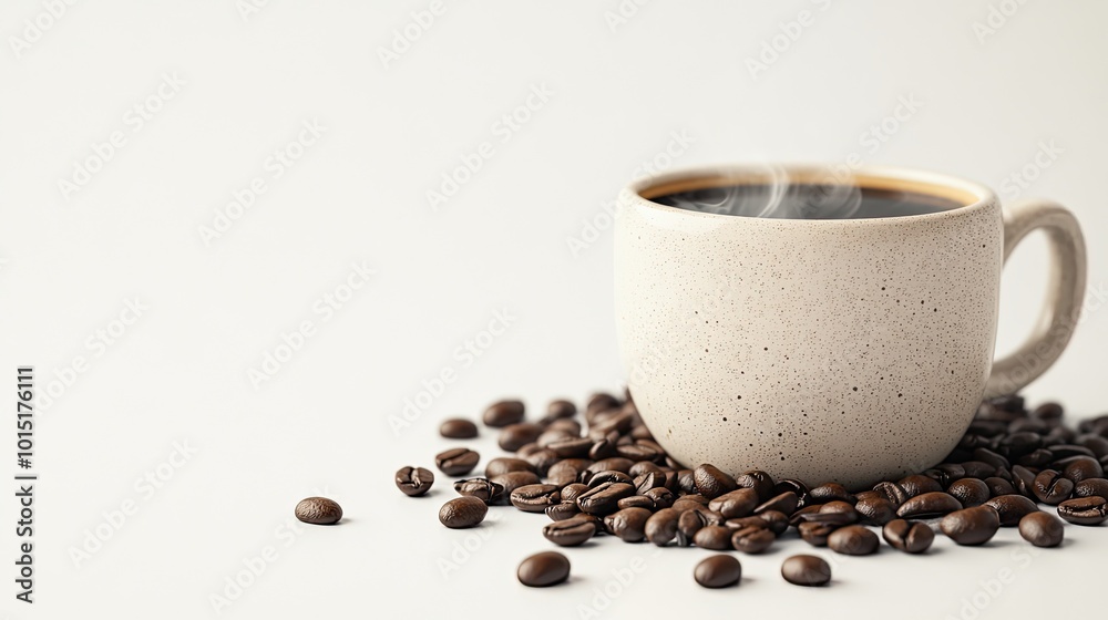 A close-up shot of a steaming cup of black coffee in a white ceramic mug, surrounded by scattered coffee beans on a pristine white background. A close-up shot of a steaming cup of black coffee in a white ceramic mug, surrounded by scattered coffee beans on a pristine white background.