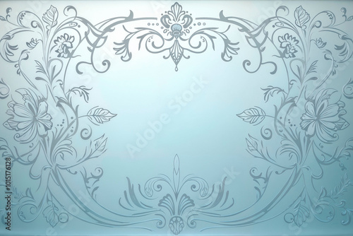 Ornate floral frame pattern in silver on frosted blue glass background with copy space