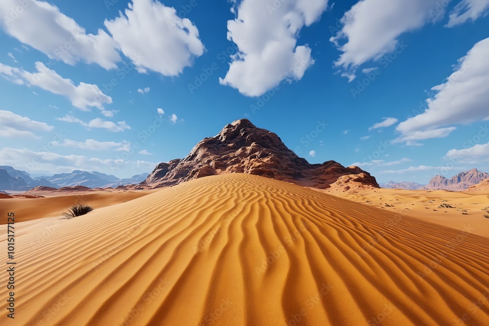 Hyper-realistic desert landscape, with the fine details of the sand dunes and the distant mountains clearly visible Hyper-realistic desert landscape, with the fine details of the sand dunes and the distant mountains clearly visible