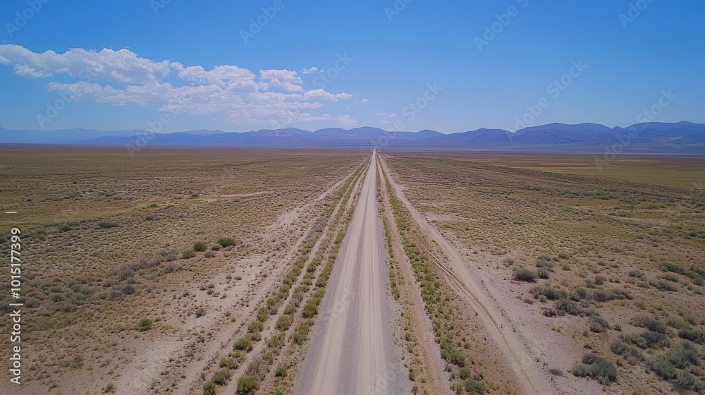 A straight, unpaved road stretches through a desolate desert landscape under a clear blue sky. A straight, unpaved road stretches through a desolate desert landscape under a clear blue sky.