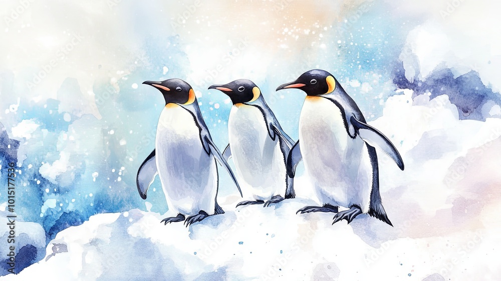 Fototapeta premium Penguins she winter background watercolor 