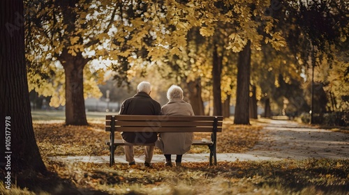 Senior Couple Sitting on Bench in Autumn Park Golden Leaves Romantic Retirement