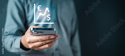 chart, diagram, graph, invest, management, marketing, profit, report, stock, finance. A man holding a cell phone with a graph and dollar sign on it. Concept of financial growth and success.
