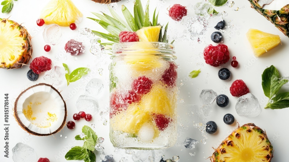A vibrant concept shot of a tropical mocktail in a clear glass jar, with exotic fruits like pineapple and coconut scattered around, placed on a clean white background.
