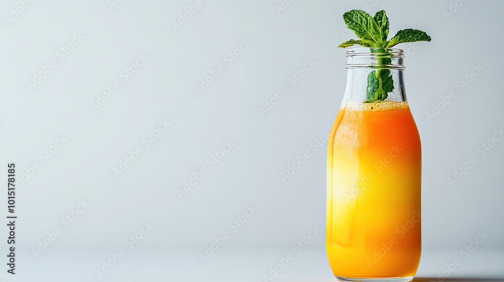 A vibrant orange and yellow layered mocktail in a clear glass bottle, with a simple garnish of mint, isolated against a clean white background for a crisp aesthetic. A vibrant orange and yellow layered mocktail in a clear glass bottle, with a simple garnish of mint, isolated against a clean white background for a crisp aesthetic.