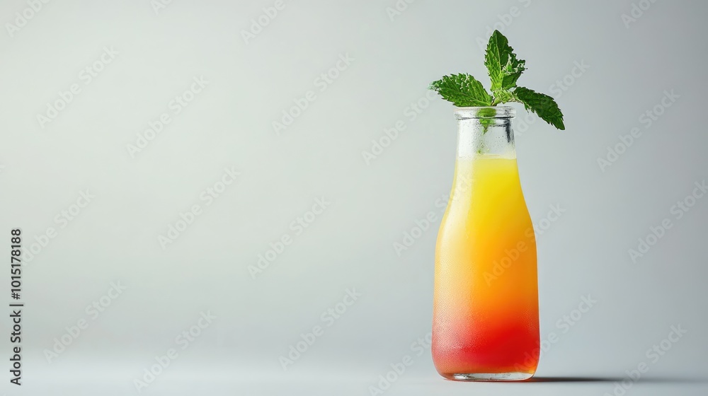 A vibrant orange and yellow layered mocktail in a clear glass bottle, with a simple garnish of mint, isolated against a clean white background for a crisp aesthetic. A vibrant orange and yellow layered mocktail in a clear glass bottle, with a simple garnish of mint, isolated against a clean white background for a crisp aesthetic.